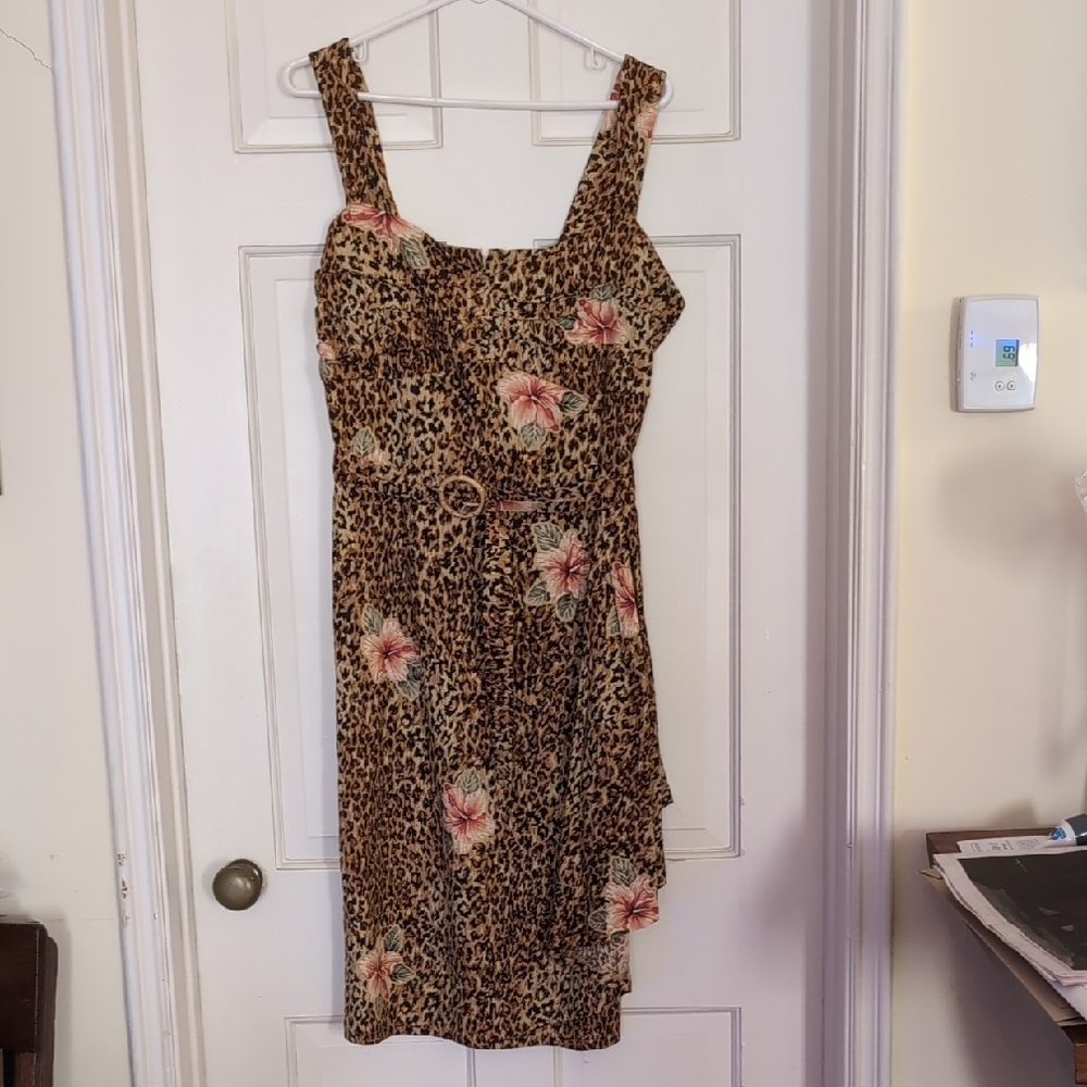 Leopard Print Floral Dress, Ruffle Front